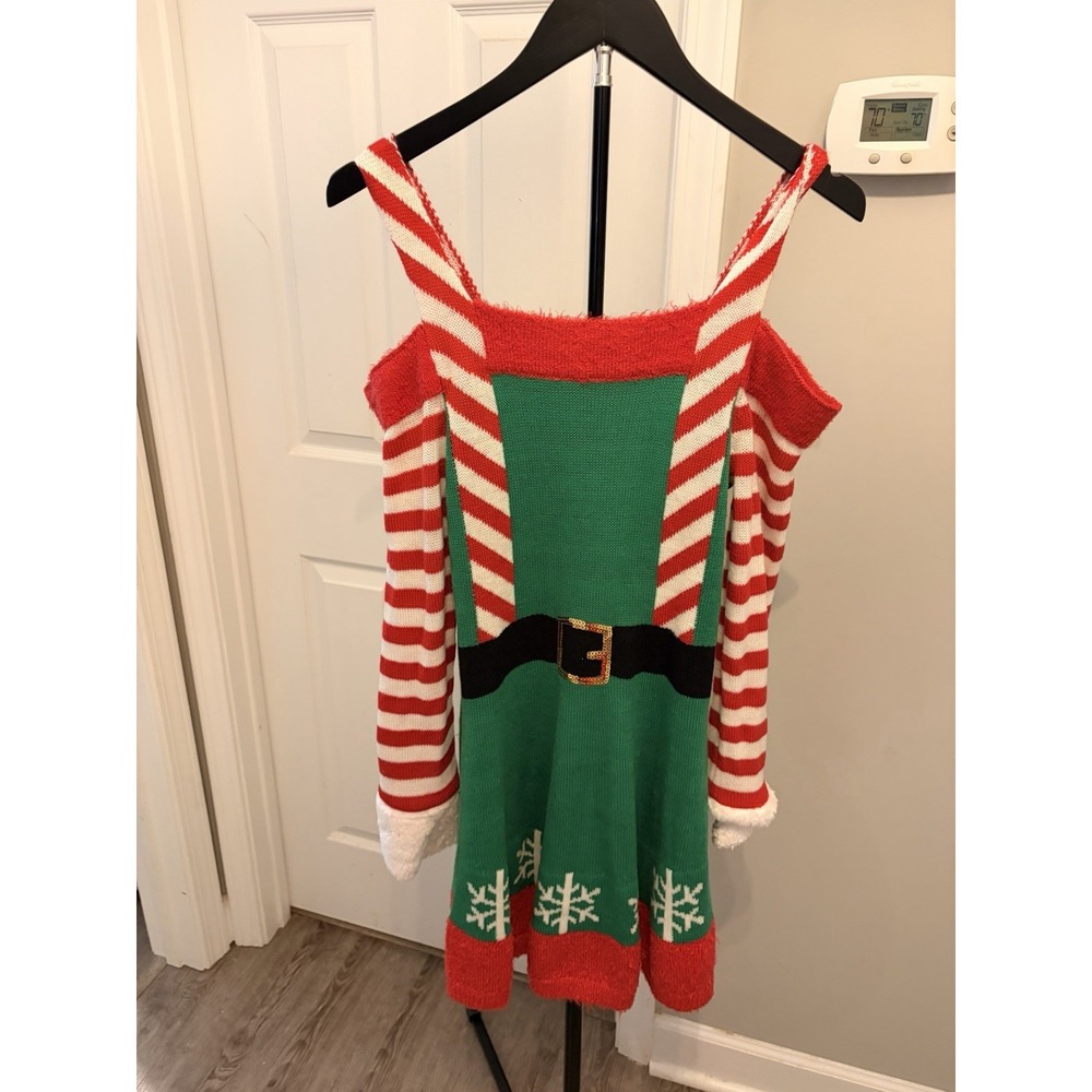 Joyland Women's Elf Ugly Christmas Sweater Dress Cold Shoulder L Santa Helper